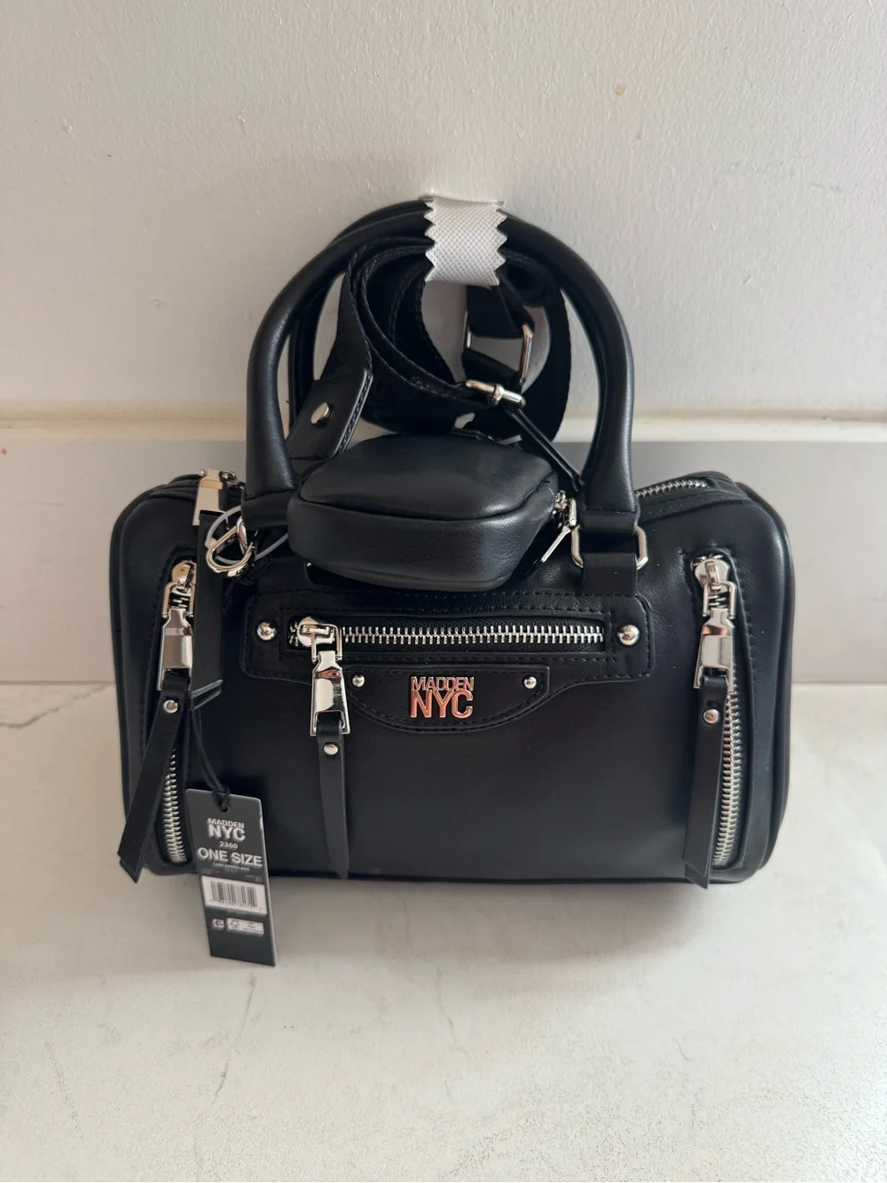NWT- core barrel Madden NYC Black Satchel with Wide Logo Strap.